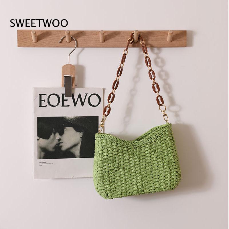 Paper Straw Color - Einfarbige, hohl gewebte Stroh-Umhängetasche, Unterarm-Handtasche, mehrfarbig,