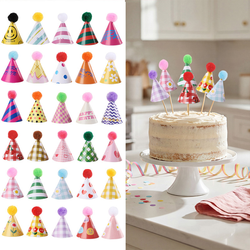 Party Hat Cone - 15/30 Stück Mini-Partyhüte, Kuchendekoration, bunte Pompon-Kegel-Cupcake-Topper,