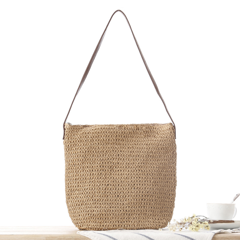 Paper Straw Color - Stroh-Schultertasche Gewebte Strandtasche Einfarbige Papier-Freizeittasche für