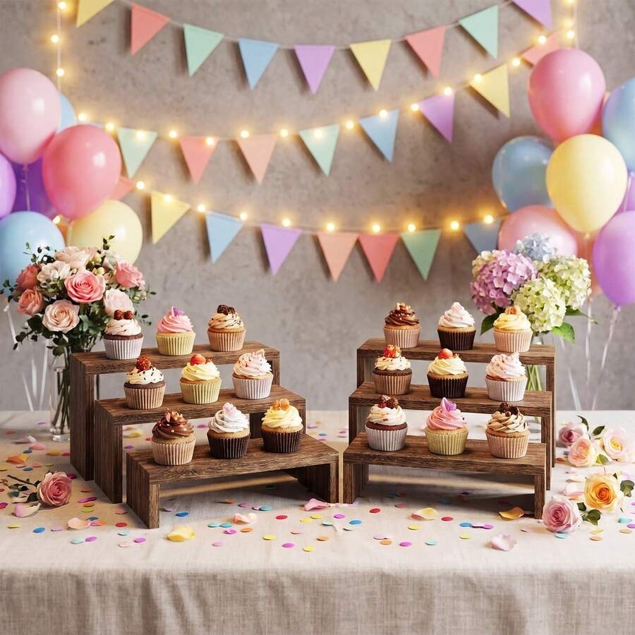 Cupcake Stand Tier - 6-teiliger Holz-Präsentationsständer, mehrstufiger Holz-Tischständer, Cupcake-Ständer aus