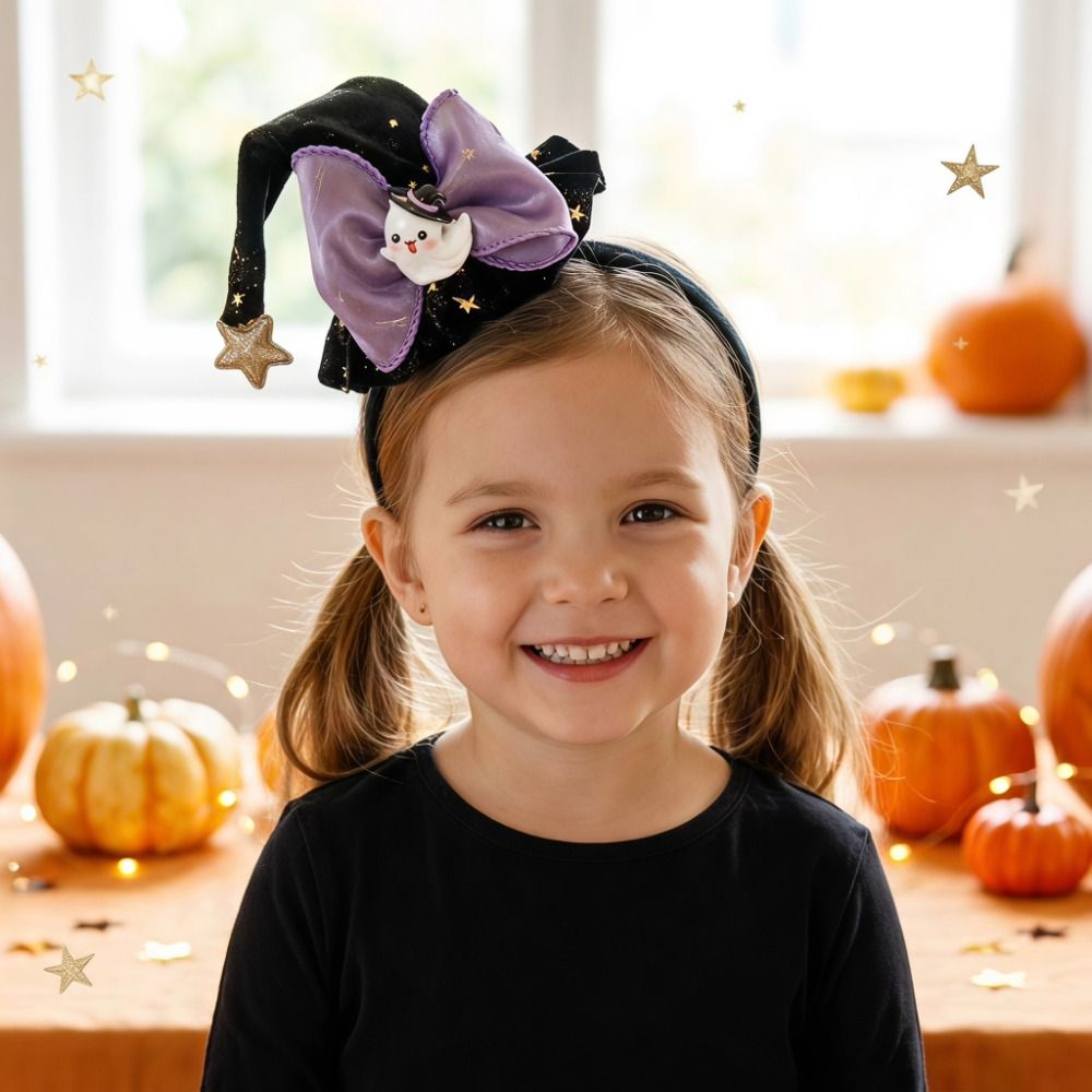 Party Hat Cone - Persönlicher Geister-Halloween-Hexenhut-Stirnband mit Schleife, Netz-Halloween-Party-Haarband, Cartoon-Pailletten-Kegelhut-Haarreif